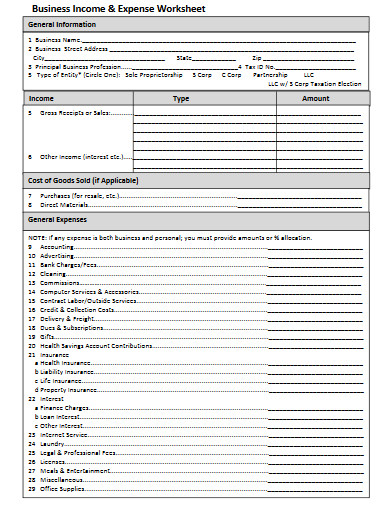 sample business income expense worksheet