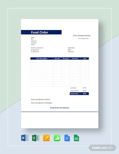 Sample Food Order Template