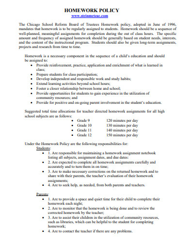 school homework policy template