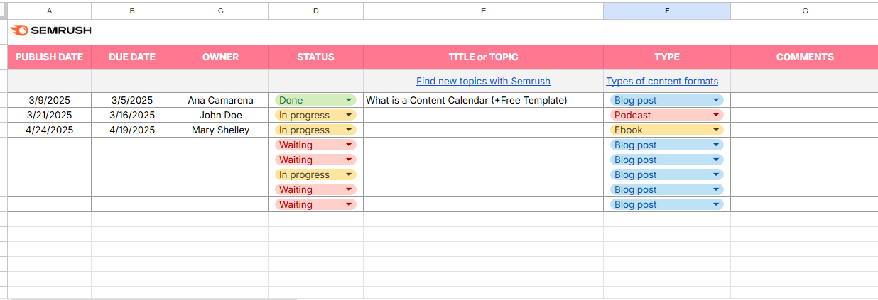 Semrush Content Calendar for Blog Posts