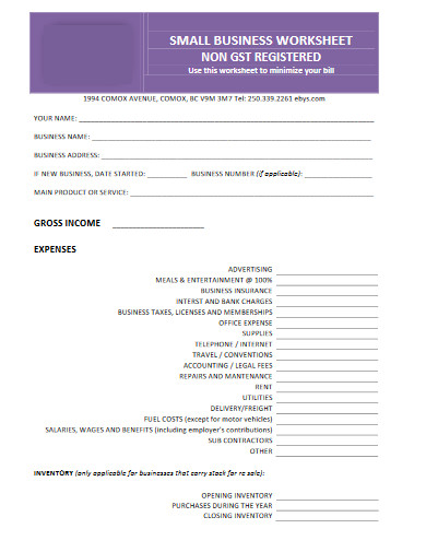 small business worksheet template