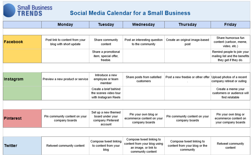 Social Media Calendar for Small Businesses