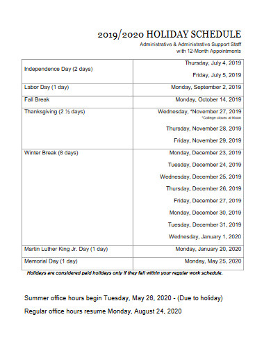 staff holiday schedule