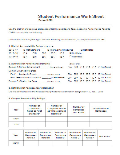 student performance work sheet