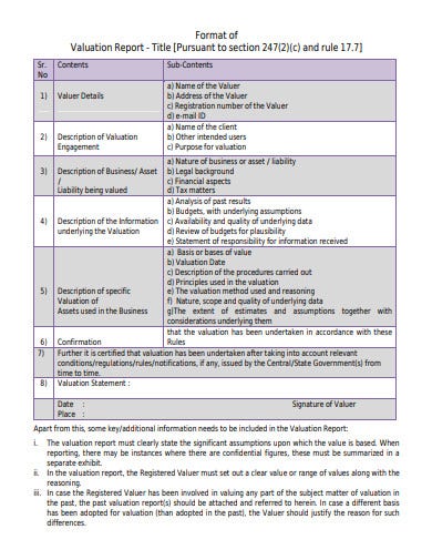 Valuation Report Format