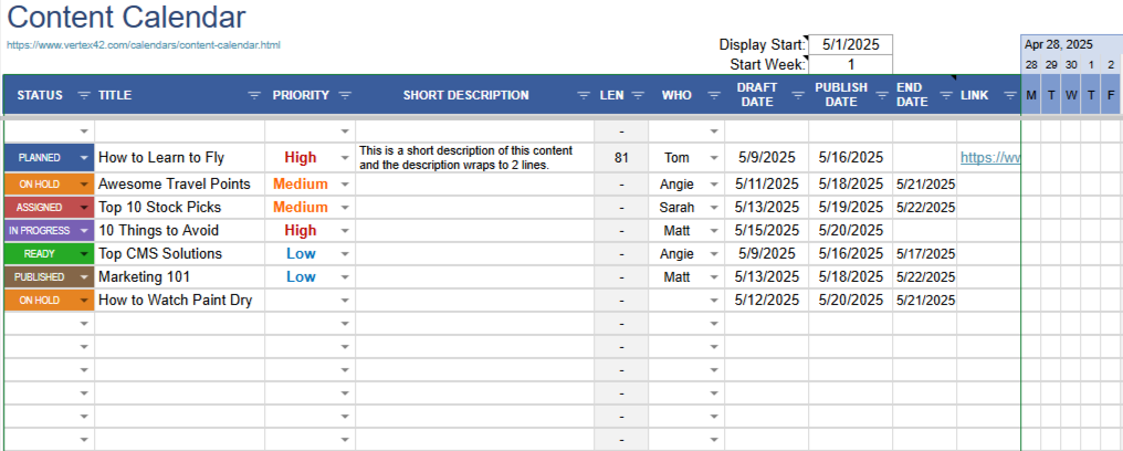 Vertex24s Content Calendar Template