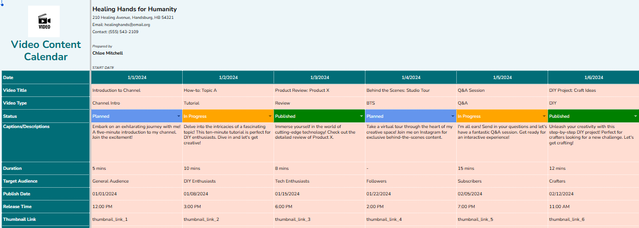 Video Content Calendar Example