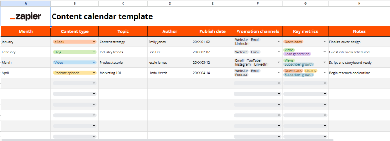 Zapier Content Calendar Example