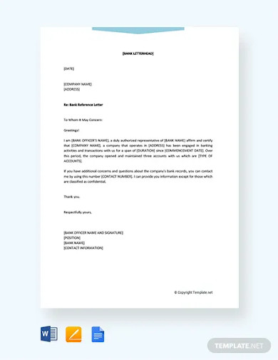 Free Bank Reference Letter for Company