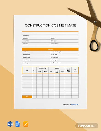 free blank construction cost estimate template