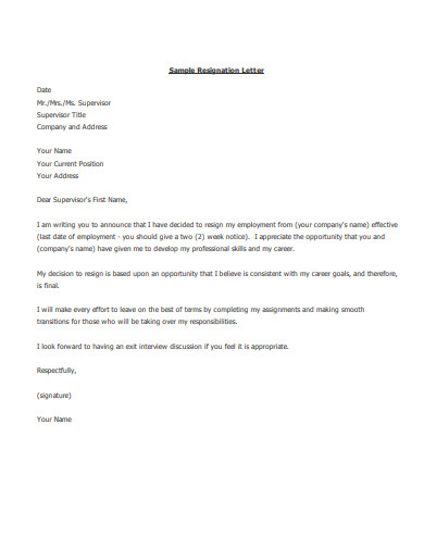 sample resignation letter
