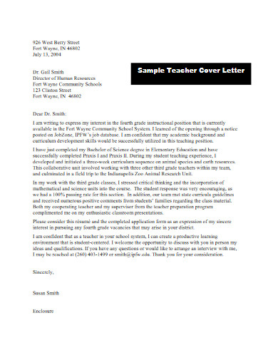 sample teacher cover letter
