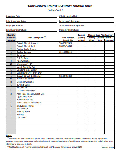 Tools and Equipment Inventory Control Form