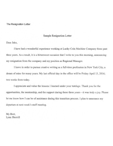sample resignation letter 