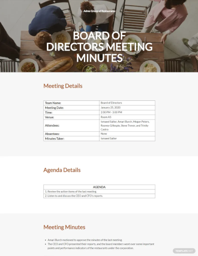 Free Restaurant Minutes of Meeting of Directors Template