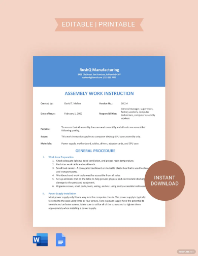 assembly work instruction template