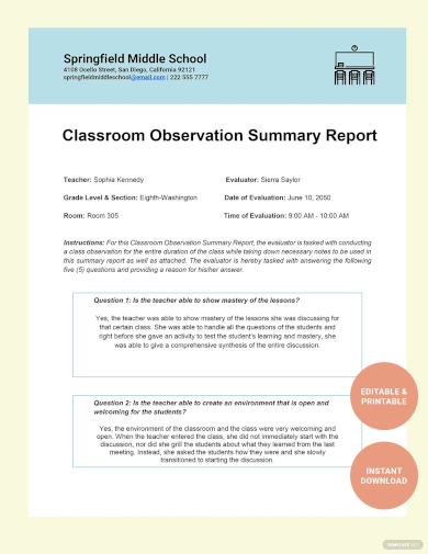 classroom observation summary report template
