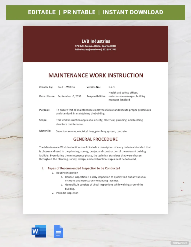 maintenance work instruction template