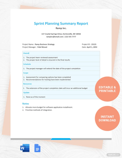 sprint planning summary report template