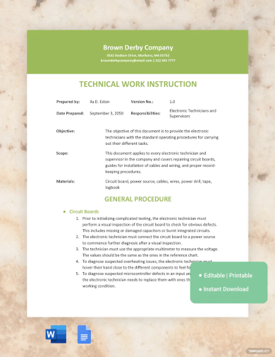 technical work instruction template
