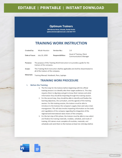 training work instruction template