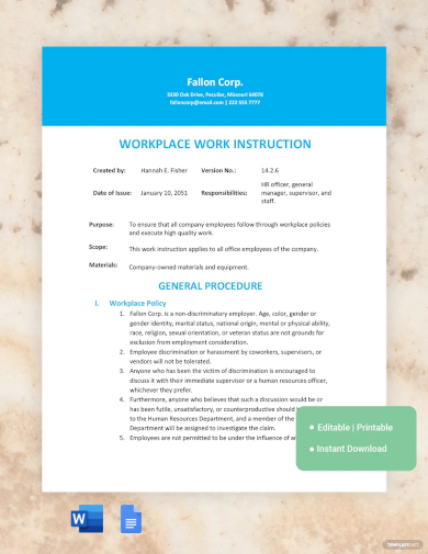 workplace work instruction template