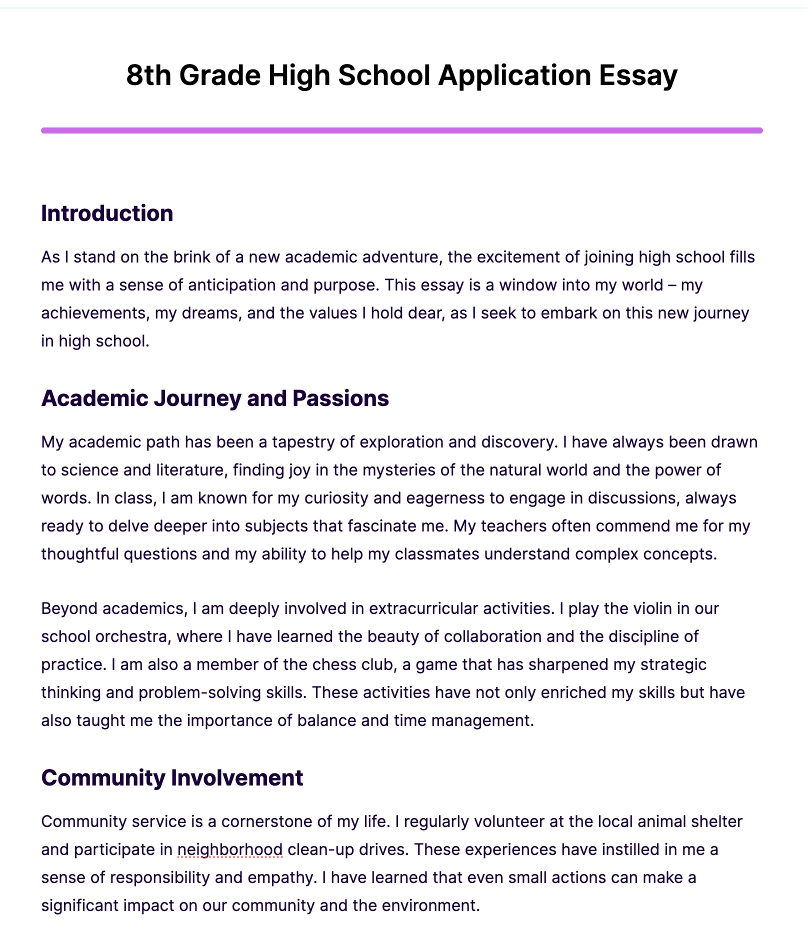 8th Grade High School Application Essay