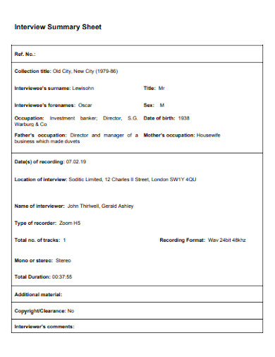 Bankers Interview Summary Sheet