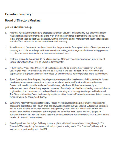 board of directors meeting executive summary