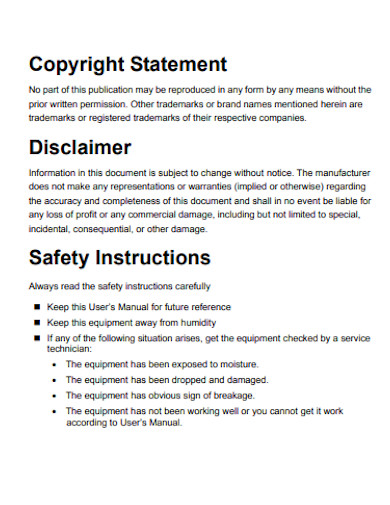 copyright manufacturer disclaimer statement