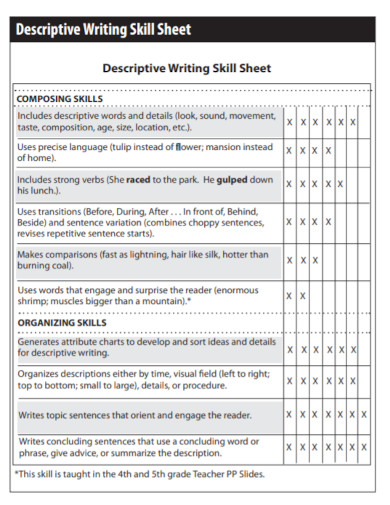 descriptive writing skill sheet