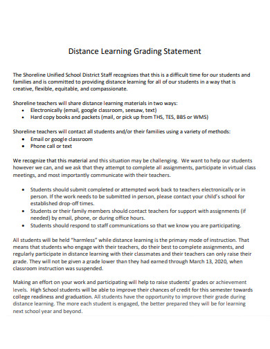 distance learning grading statement