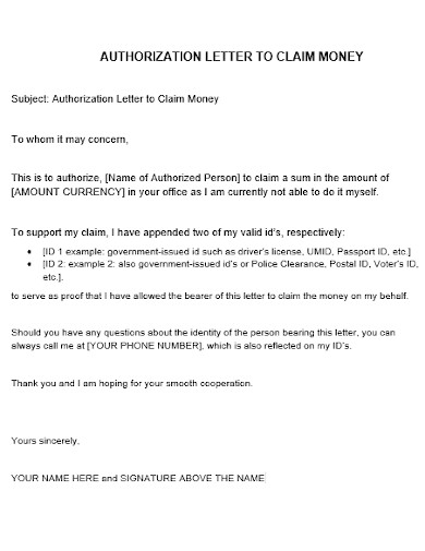 Authorization Letter To Claim Money 4 Examples Format Sample 