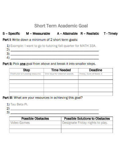 Editable Short Term Academic Goals