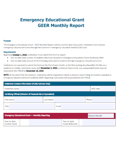 educational grant monthly reports