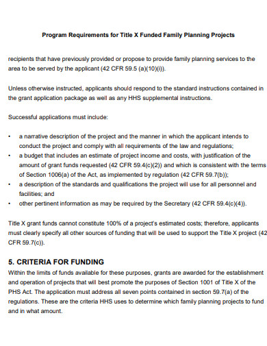 family planning project funding requirements