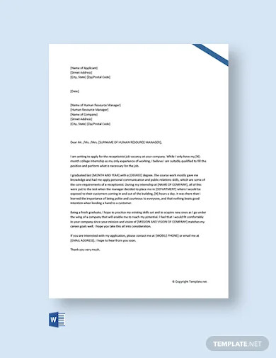 job application letter for receptionist template
