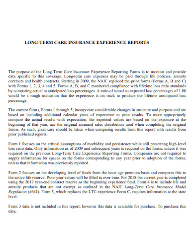 Long Term Care Insurance Experience Report