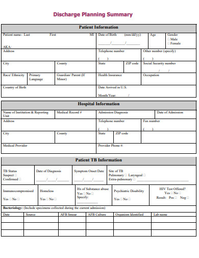 patient discharge planning summary forms