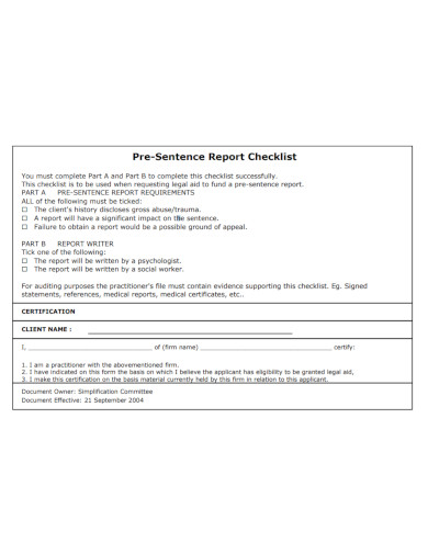 pre sentence report checklist