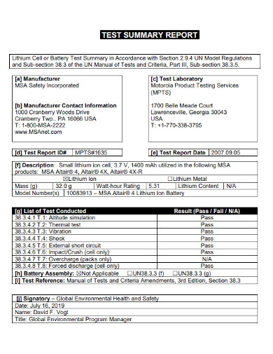 Printable Test Summary Report