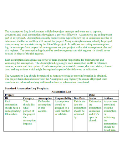 Project Management Assumption Log