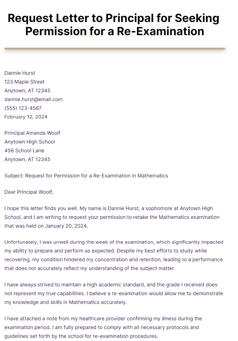 Request Letter to Principal for Seeking Permission for a Re-Examination