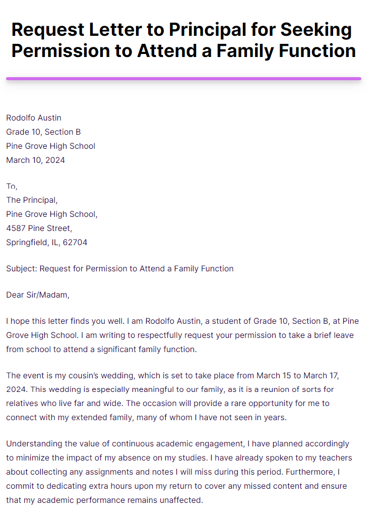Request Letter to Principal for Seeking Permission to Attend a Family Function
