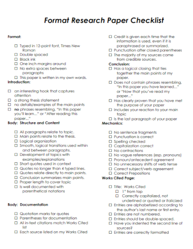 research paper checklist format