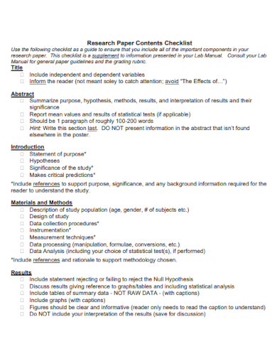 research paper content checklist