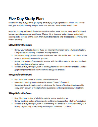 sample five day study plan