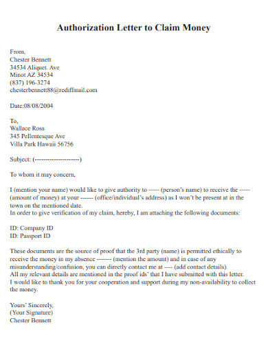 Authorization Letter To Claim Money Examples Format Pdf 8152