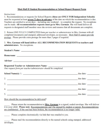 student recommendation report request form