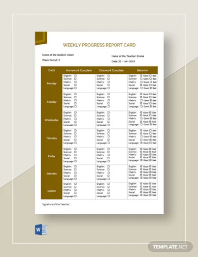 weekly progress report card template